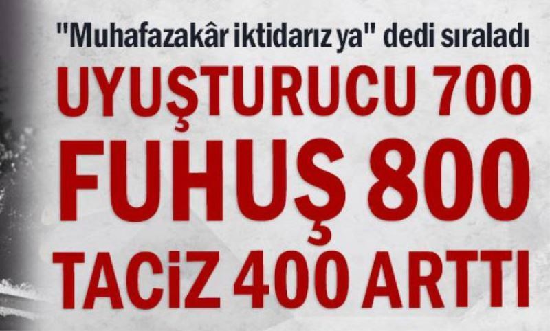 "Muhafazakâr iktidariz ya" dedi siraladi: Uyusturucu 700, fuhus 800, taciz 400 artti
